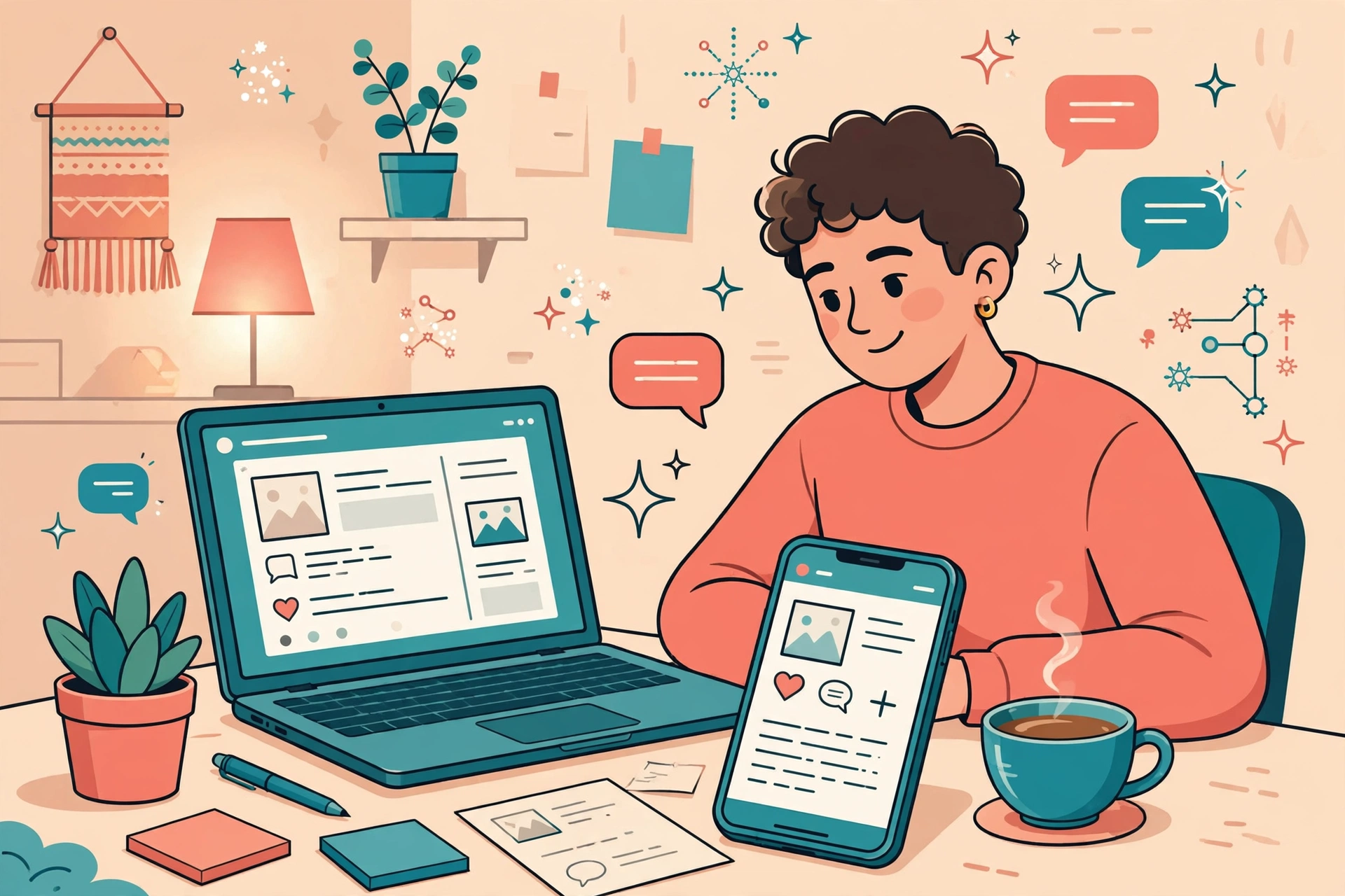 Illustration of a creator editing AI-generated social media captions on a laptop to sound human