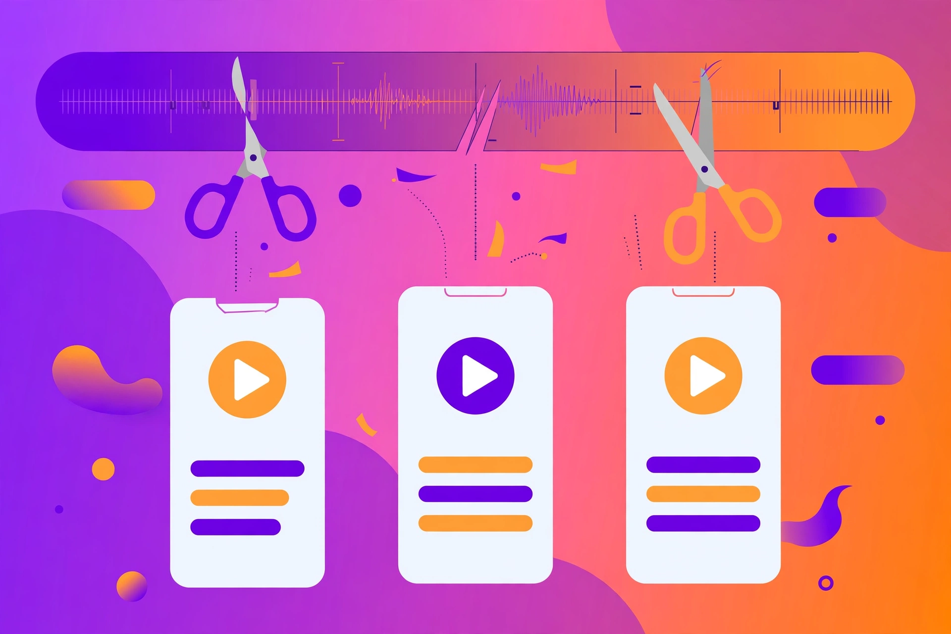 Illustration of AI turning a long video into short vertical clips for TikTok, Reels, and YouTube Shorts